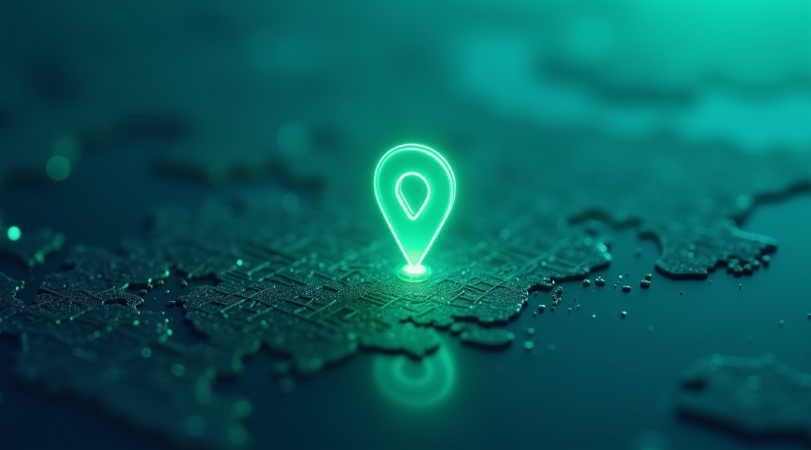 Marcador de localização posicionado com precisão sobre um endereço em uma cidade litorânea